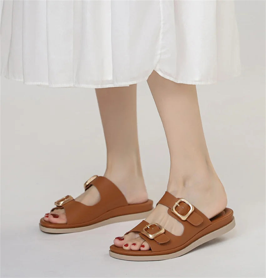Casual Slippers Women PU Leather Open Toe Double Buckle Flat Summer Outdoors Non-Slip Soft Soles Slip On Beach Footwear Slippers