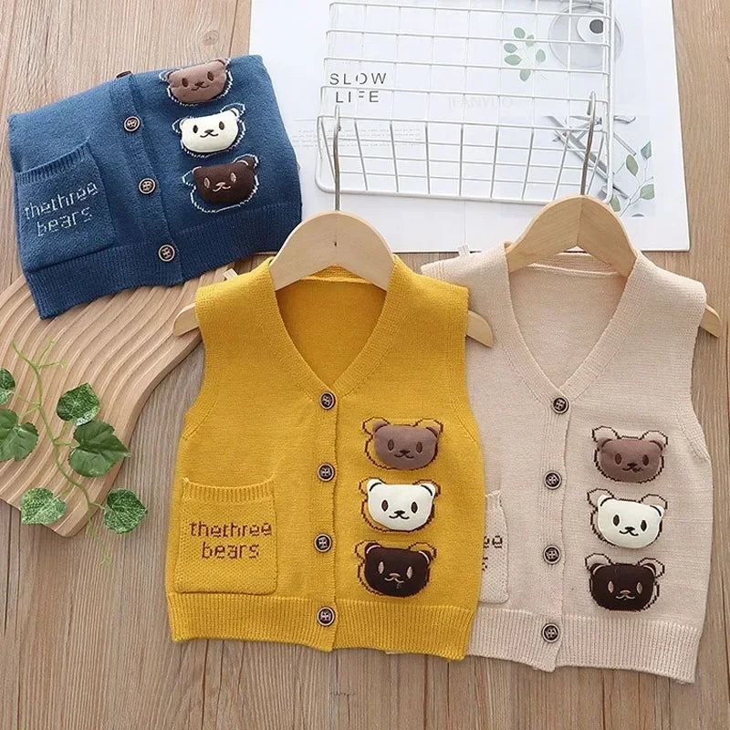 Spring Autumn New Outdoor Kids Knitted Vest Boys Girls Baby Solid Color Sweater Waistcoats Warm Soft V-neck Infant Vest Cardigan