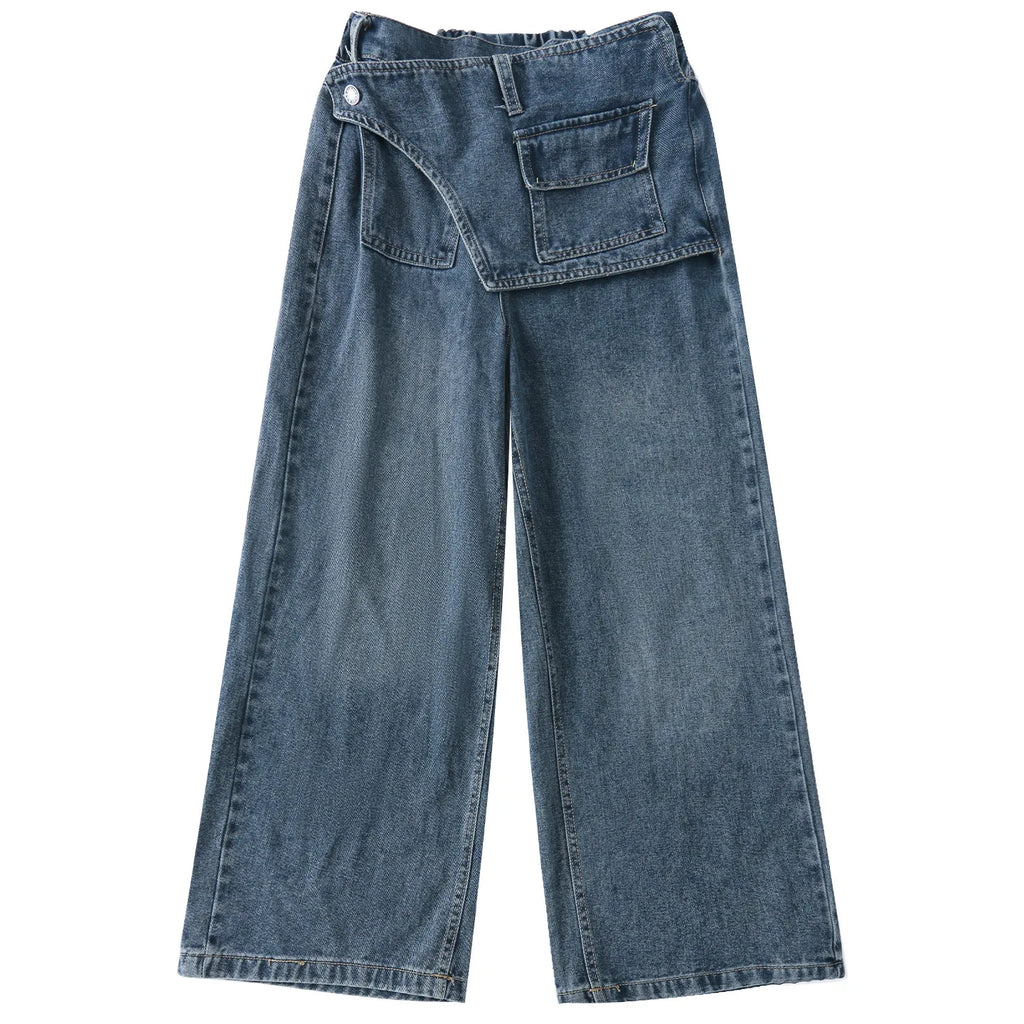 Girls' fart curtain jeans spring autumn new style teens children's straight tube loose wide leg pants retro blue casual pants