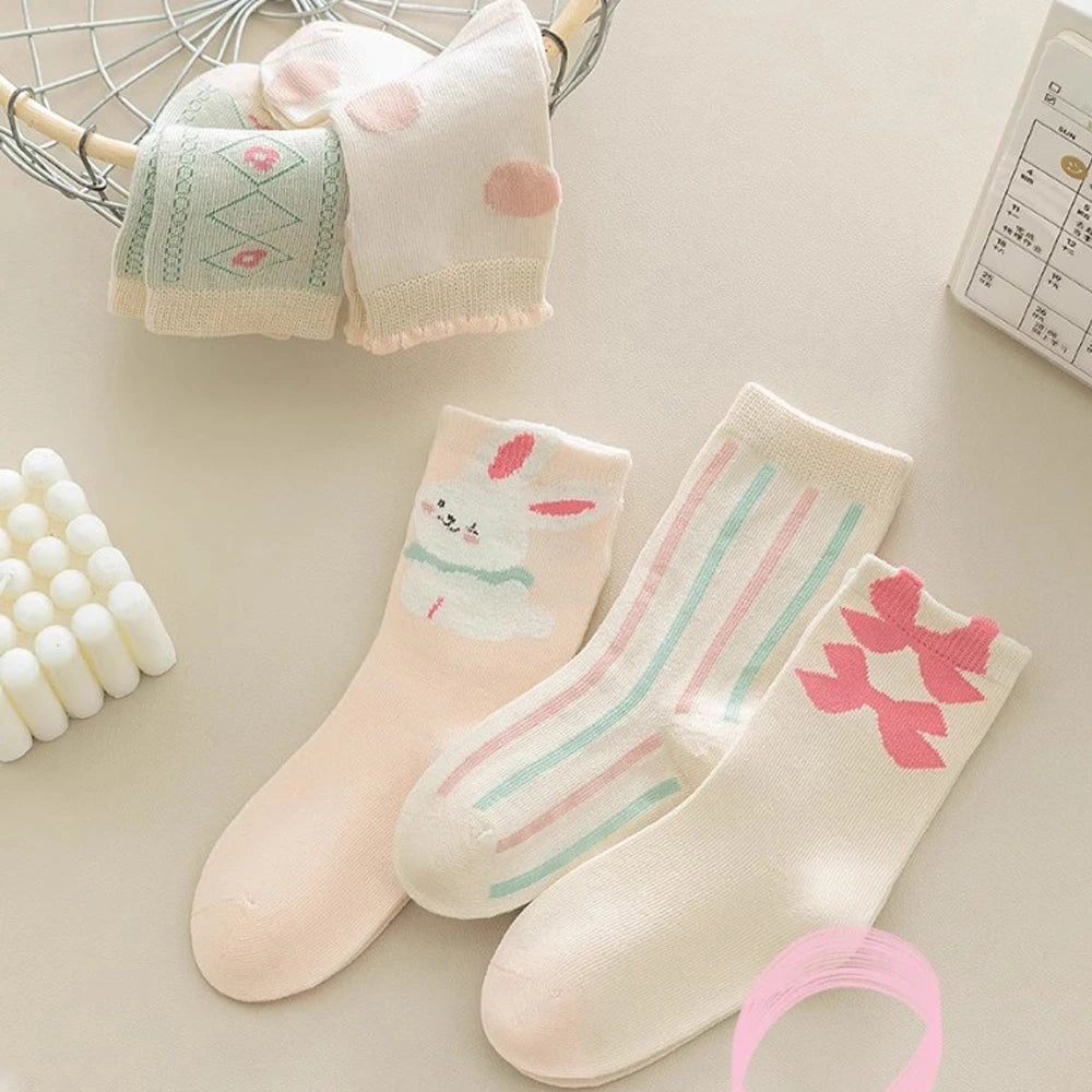 5 Pairs Children's Socks for Girls, Sweet Cute Cartoon Rabbit Girl's Casual Socks (Autumn & Spring)