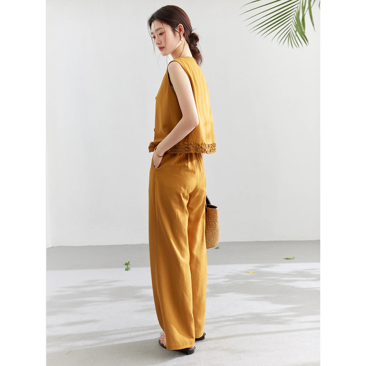 VIMLY Office Two-Piece Set Women 2026 Summer New Fashion Ruffle Hem Cropped Sleeveless Vest Wide Leg Pants Casual Outfit A6153
