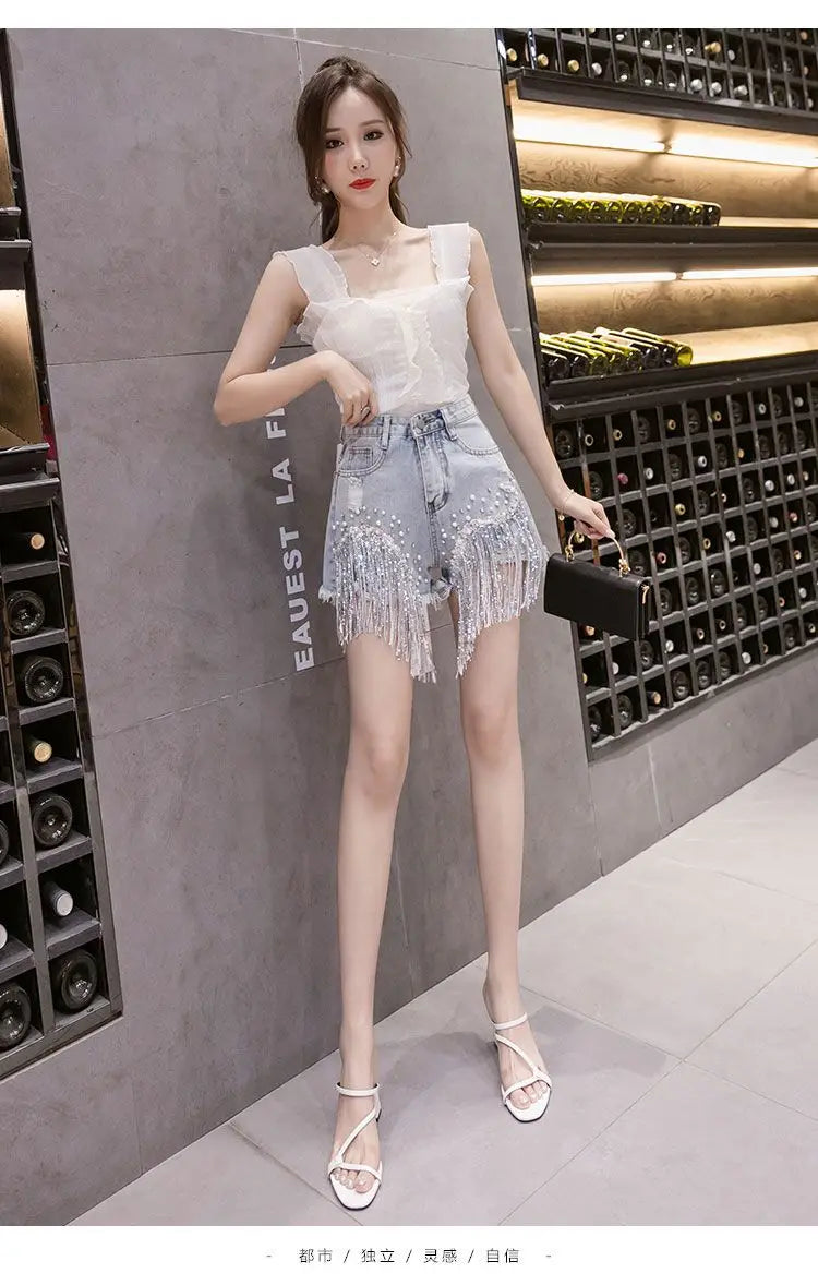 2026 Summer New Personalized Denim Shorts Women's High Waist Diamond Inlaid Heavy Industry sequins Tassel Denim Hot Pants Trendy
