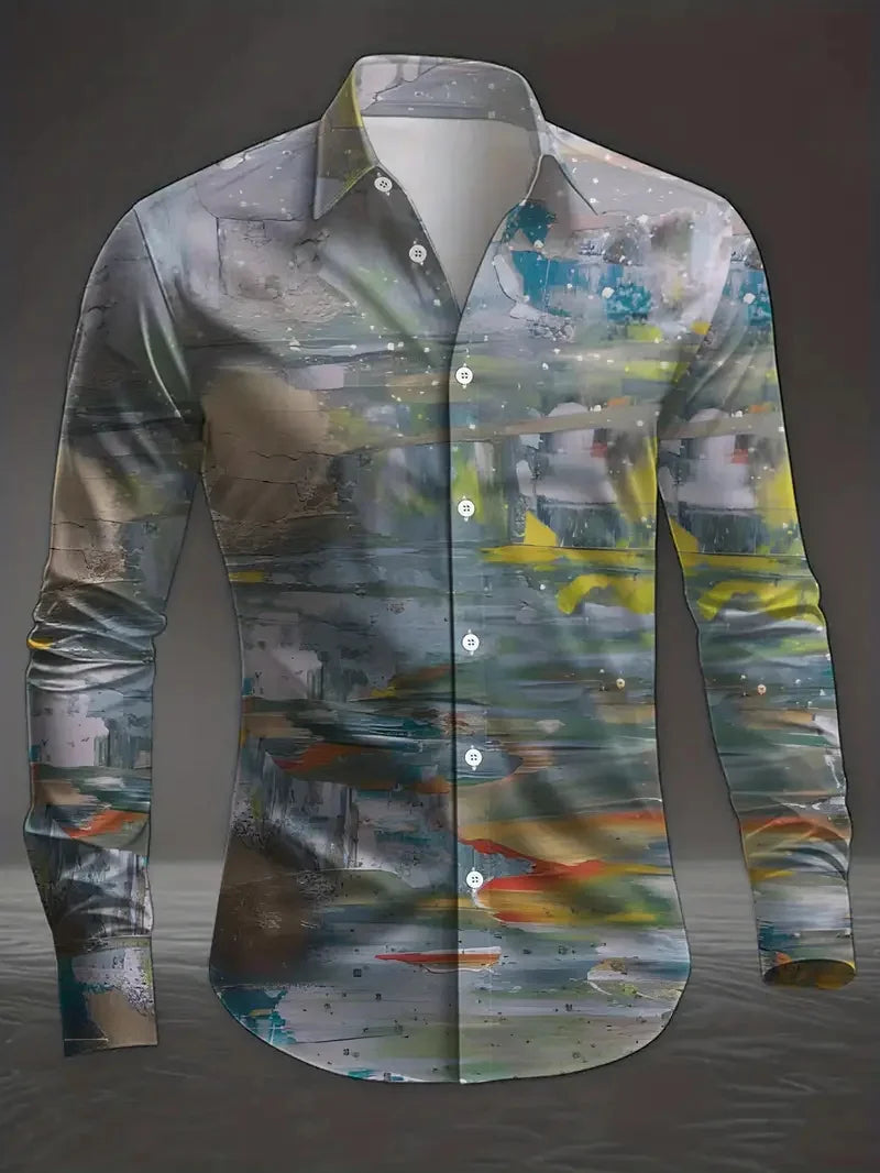 New men's 3D reindeer print shirt men's long sleeved shirt casual button loose top ethnic retro collar shirt