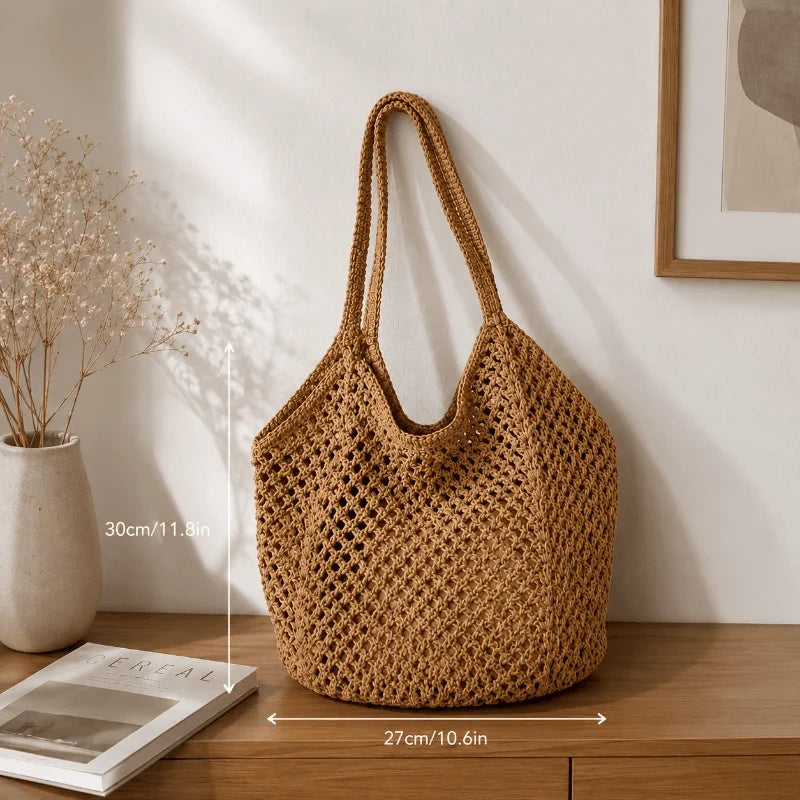 Women Large‑Capacity Woven Tote Bag, Light Breathable Open‑Top Shoulder Handbag for Beach Travel Shopping Commute Daily Use