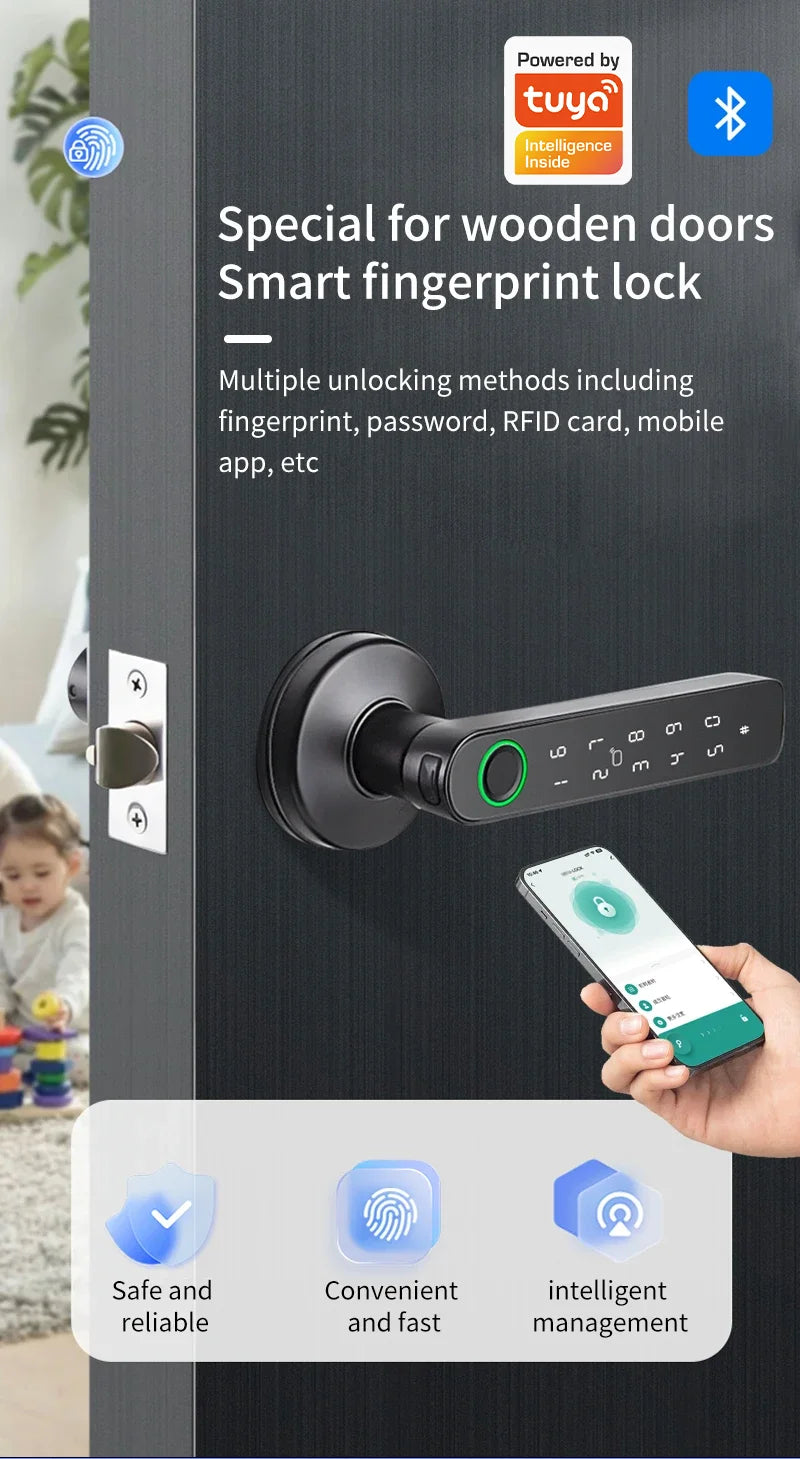 Work with Tuya App Bluetooth Smart Fingerprint Door Lock Password Mechanical Key NFC Unlocking For Wooden Door Handle Lock IP65