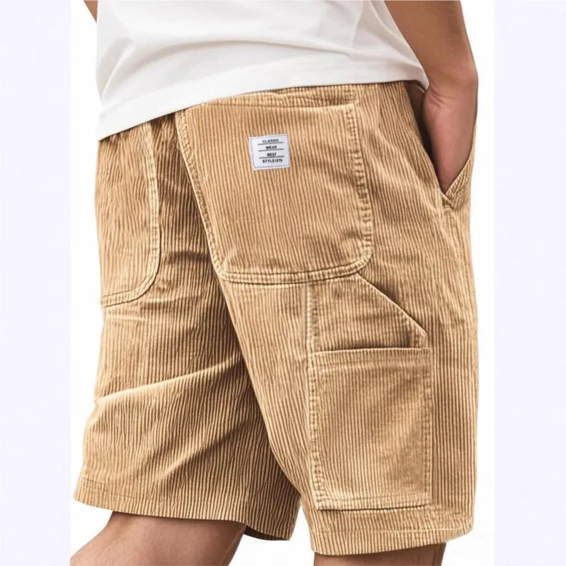 Men's Workwear Shorts Summer Casual Corduroy Loose Elastic Waist Multi-Pocket Leisure Pants Embroidery Retro Style Male Trousers