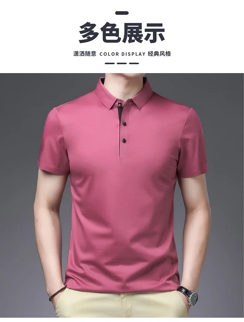 Bamboo Fiber Viscose And Cotton Blend Polo Shirt Men Short Sleeve Collar New Seamless T-shirt Summer Thin Lightweight Poloshirt