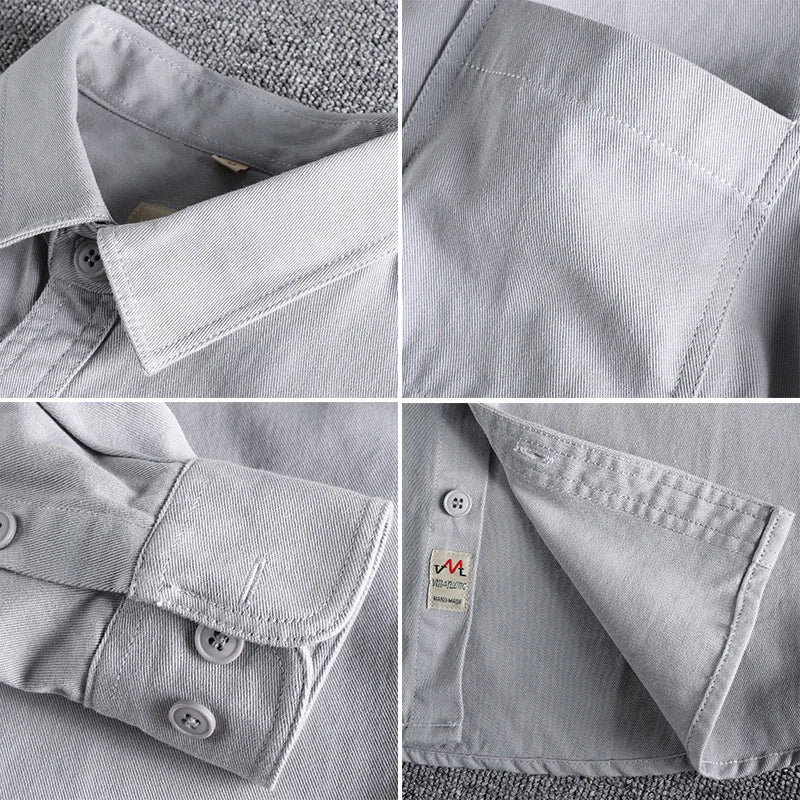 Coarse twill cotton wash-and-wear long-sleeved shirt man-n simple trend pocket spring and autumn casual shirt