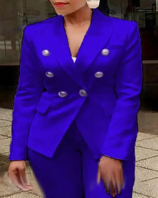 2 Office Ladies Two Piece Sets Womens Outifits 2023 Spring Fashion Long Sleeve Double Breasted Blazer & Plain Elegant Pants Set