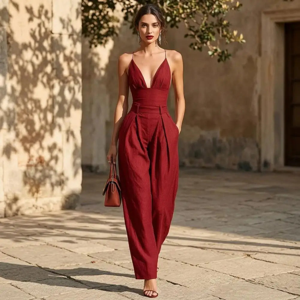 Elegant Sexy V-Neck Spaghetti Strap Jumpsuit Women High Waist Wide Leg Casual Romper Spring Boho Solid Backless Pockets Overalls