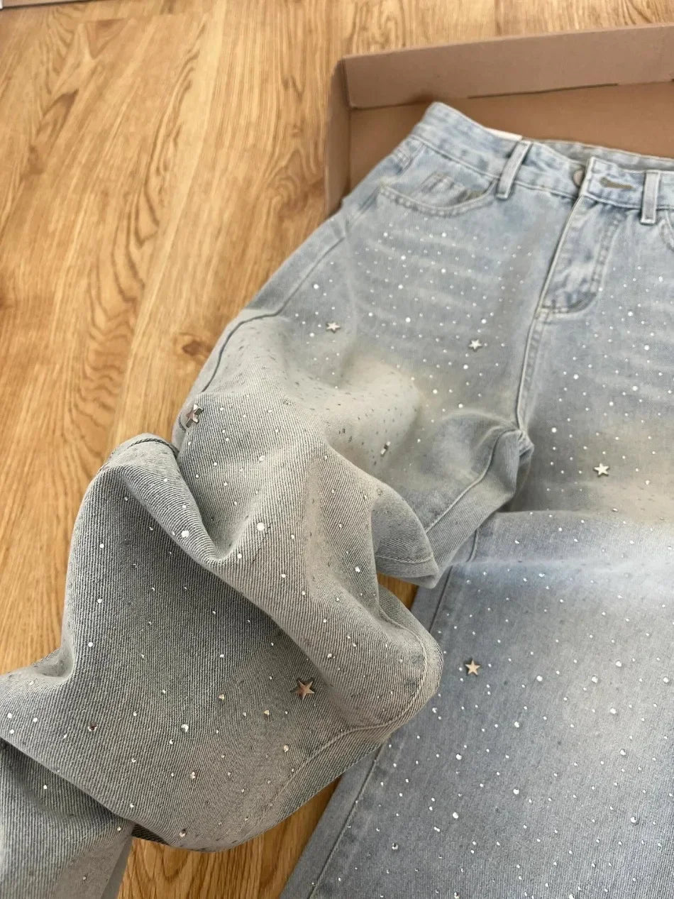 Spring Autumn Women Light-colored Stars Rhinestone Shiny Slim Wide-leg Baggy Jeans Fashion Joker Straight Pants Female Clothing
