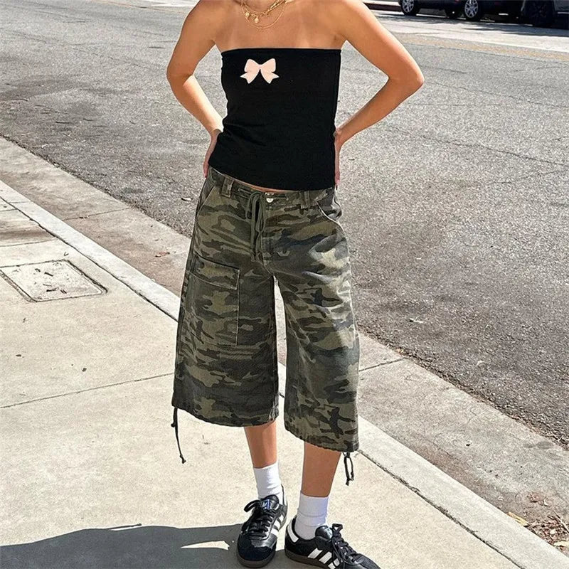 Women Retro Cargo Denim Shorts Vintage Camouflage Print Loose Drawstring Short Pants Y2k Aesthetic Cyber Grunge Streetwear