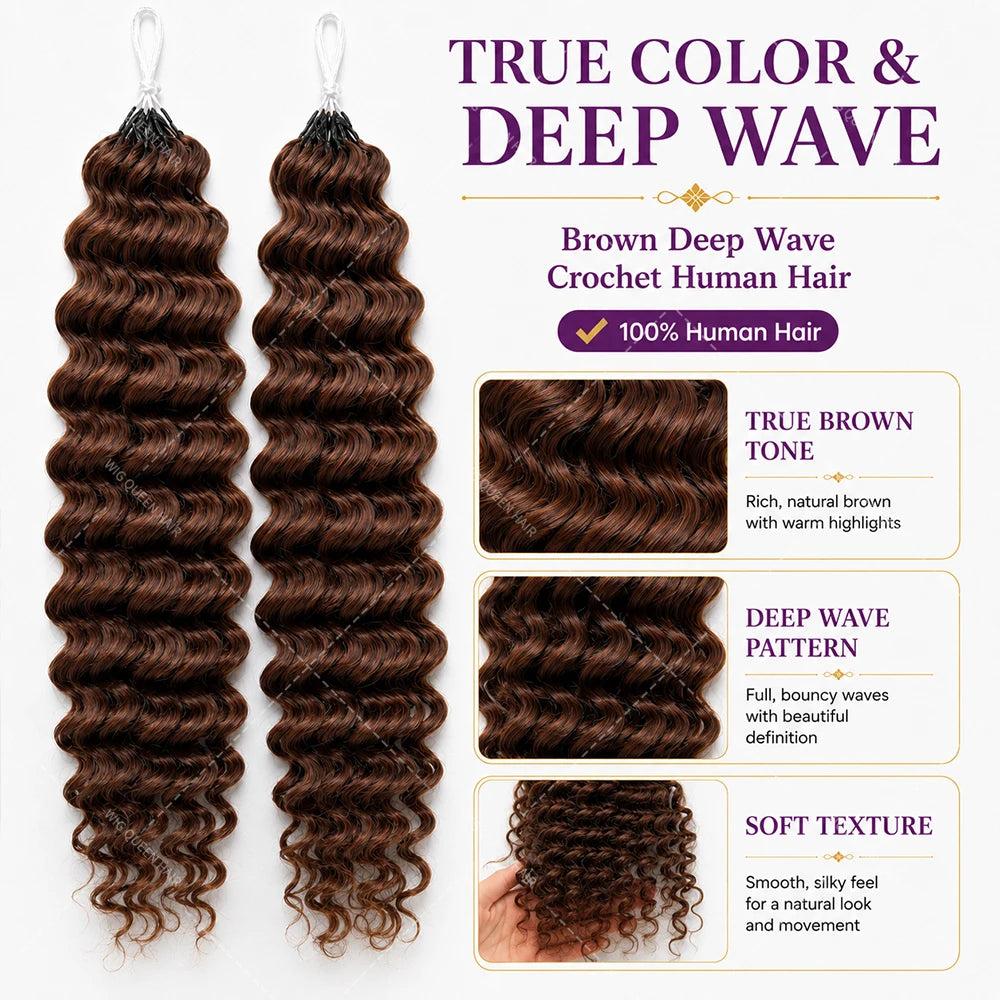 Brown Deep Wave Crochet Human Hair Extensions Miracle Knots Feather Crochet Pre Separated Remy Hair Soft Full Natural Look