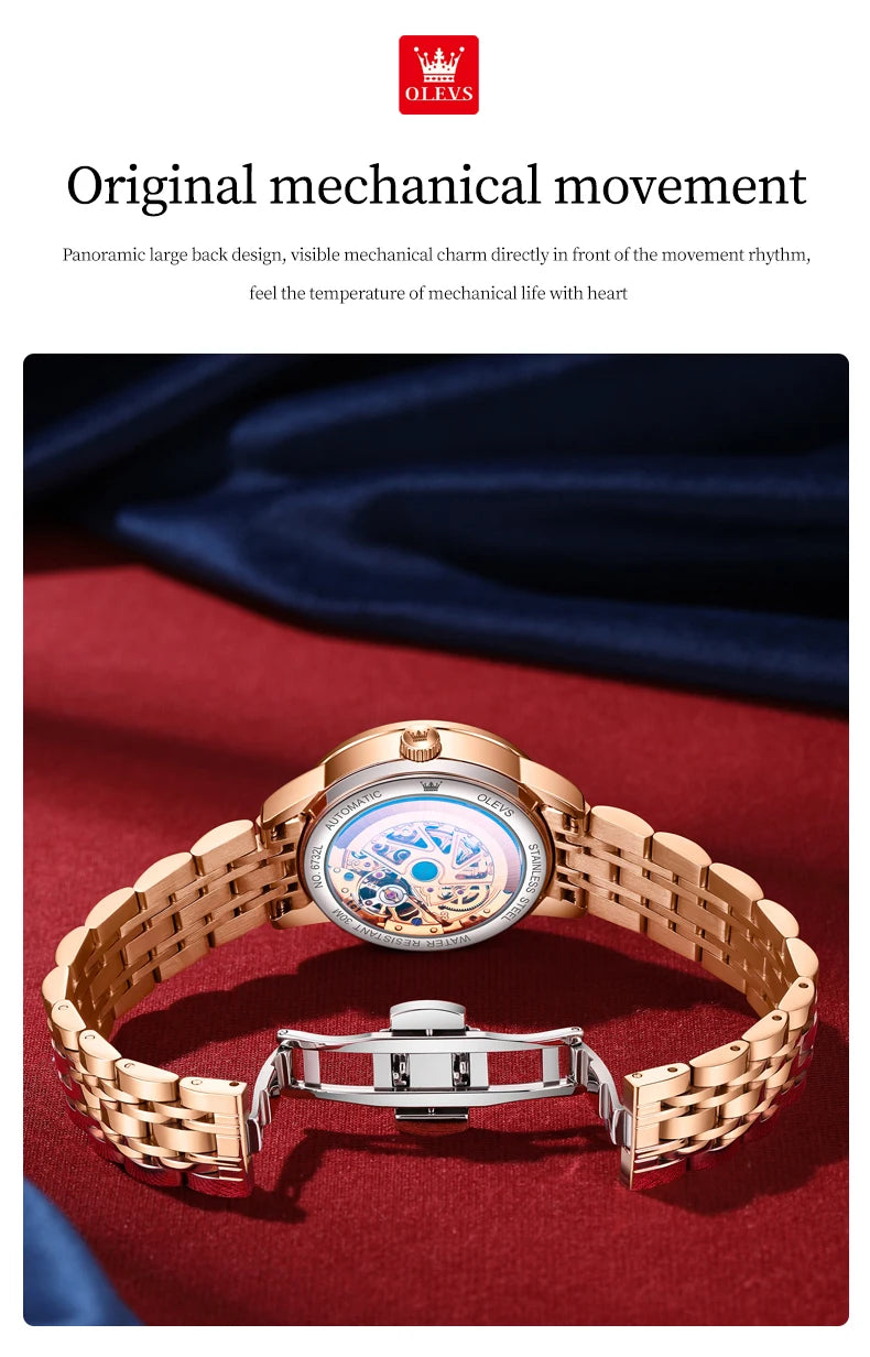 OLEVS 6732 Women's Watches Elegant Rose Gold Stainless Steel Hollowed Diamond Dial Automatic Mechancial Watch Gift Box for Women