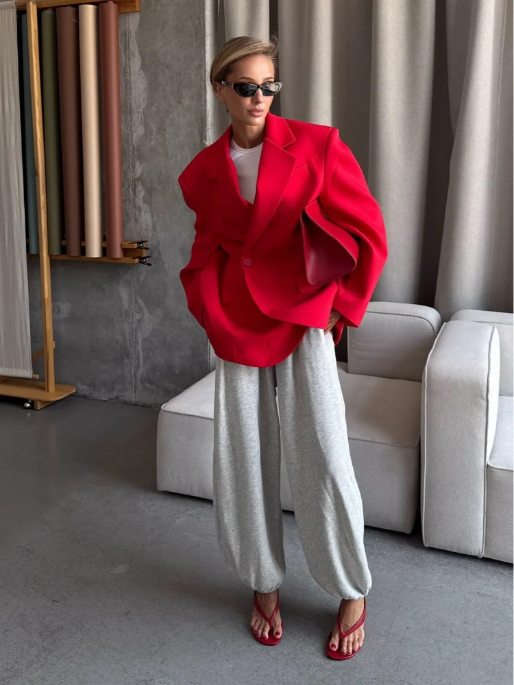 Women Red Fashion Blazer Jacket Lapel Collar Single Button Long Sleeve Loose Casual Coats Oversized Winter Autumn Streetwears