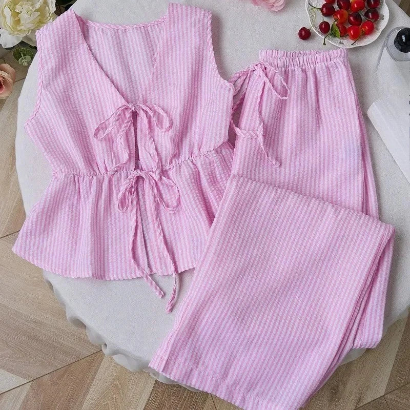 UNXX Summer Solid Color Striped Suit Casual Lace All-match Vest Loose Lace Trousers Sweet Suit Women's Business Two-piece Set