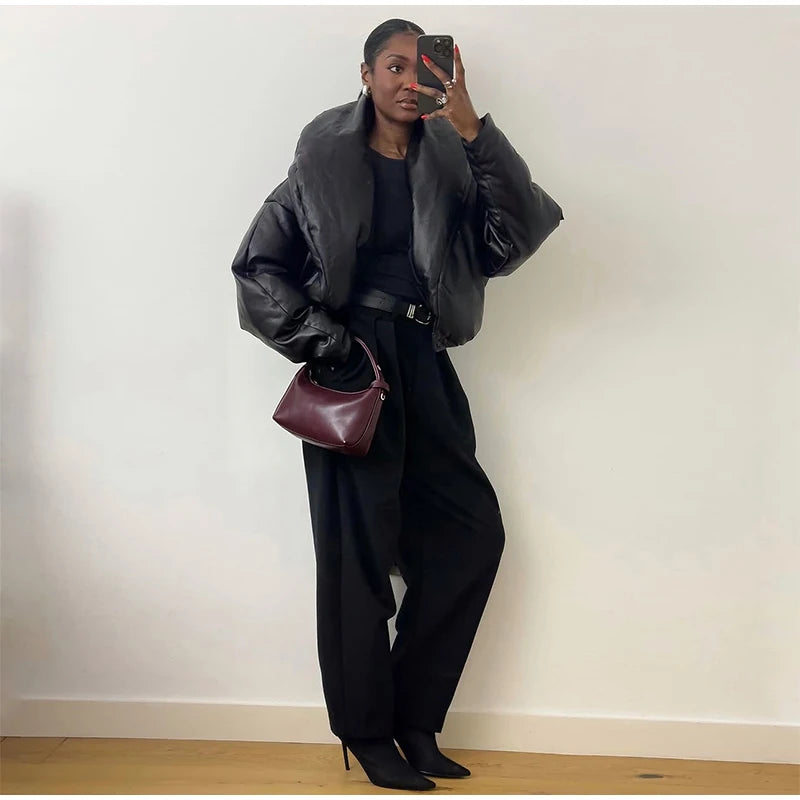 Solid Leather Turn Down Collar Cotton Coat 2026 Winter Ladies Warm Pockets Cropped Padded Jackets Women's High Street Outwear