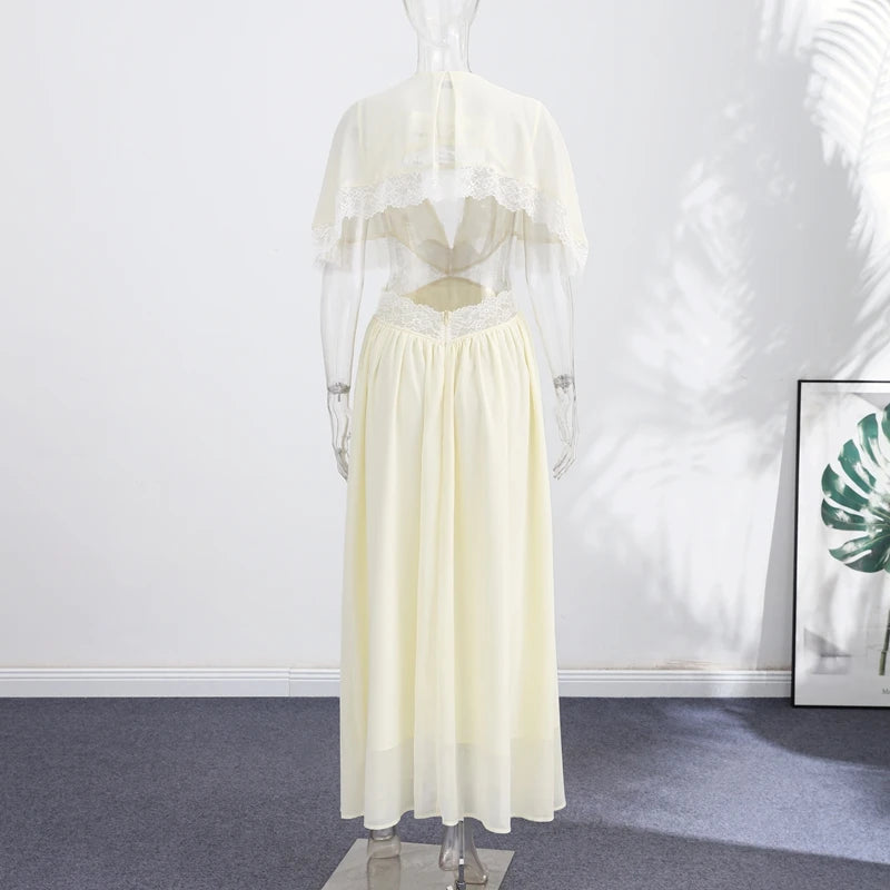 Elegant Short Sleeve Hollow Out Maxi Dresses Fashion Lace Patchwork Women Chiffon Dress 2026 Summer New Lady V Neck Long Robes