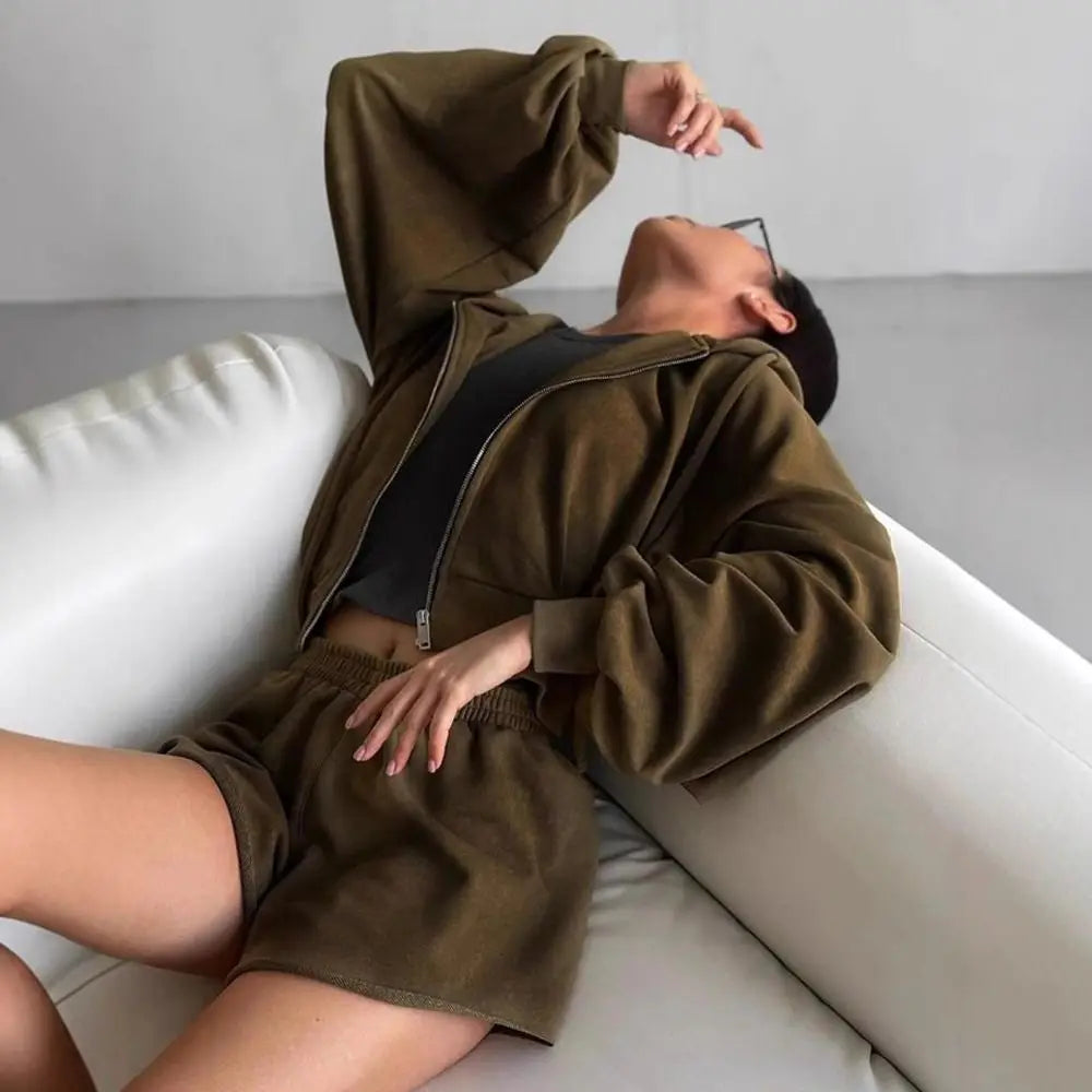 Women's Outfit Long-Sleeve Hooded Drawstring Sweatshirt Shorts Set Two-Piece Sets Sports Suit Sportswear Streetwear Trendy