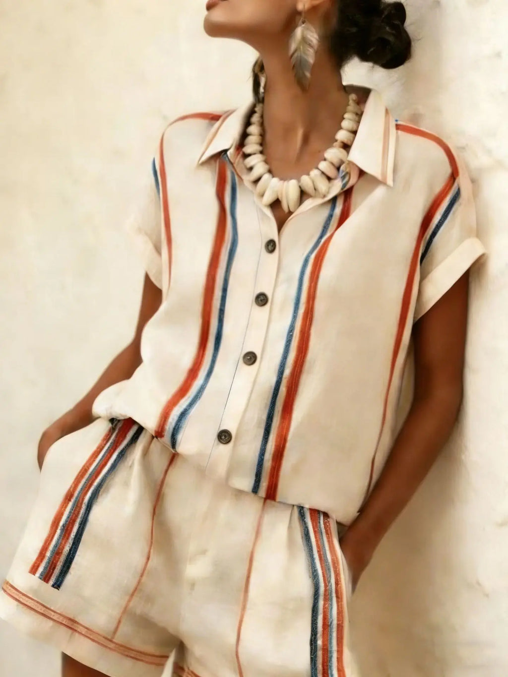 2026 Women Two-piece Set  Vertical Striped Top Women's Summer Loose Casual Versatile Lapel-neck Shorts Sleeve Shirt Shorts Suit