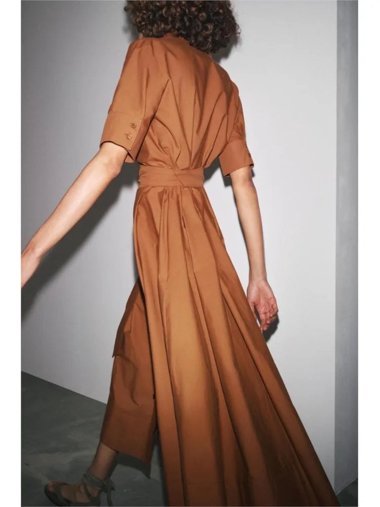 Women Long dress With Belt Spring Poplin Lady Short Sleeve Dress Pocket Women's Midi Dress Side Zipper Female Dresses