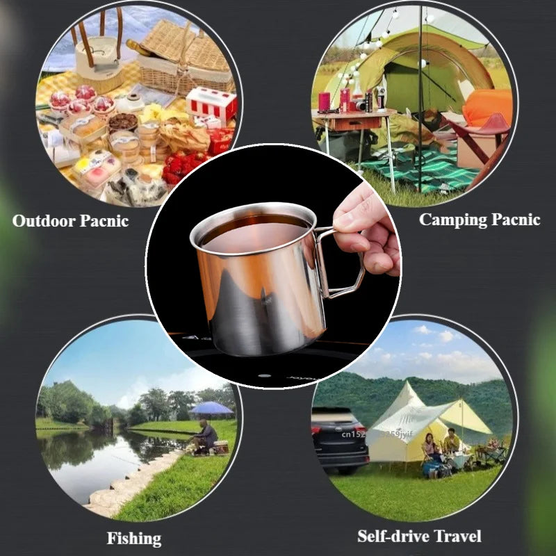 Stainless Steel Camping Cup 250/350/500/700ml Portable Mountaineering Cups With Foldable Handle Outdoor Water Mug Drinkware