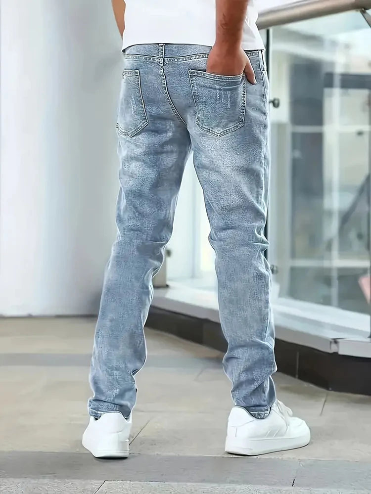 2025 Men's Slim Four-Season Washed Fashion Jeans Stretch Slim Fit Light Blue Gray Black Casual Denim Pants