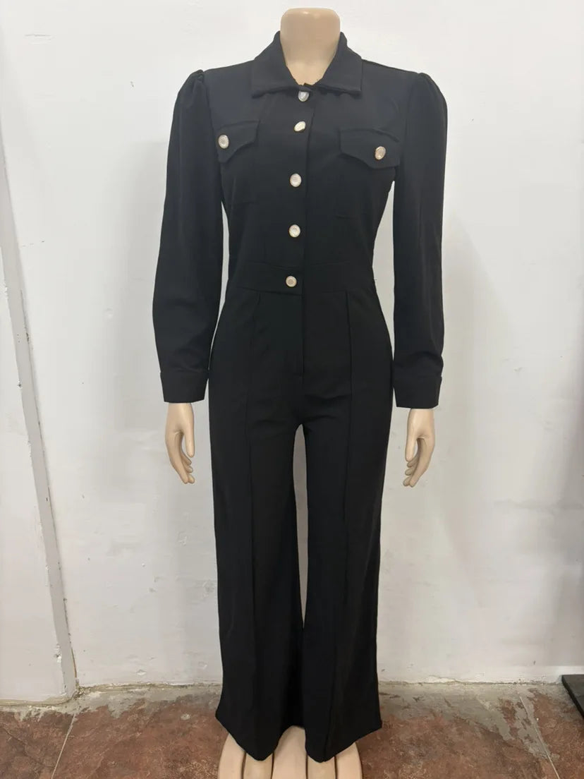 Women's Elegant Lapel Collar Button Front Puff Sleeve Wide Leg Jumpsuit High Waist Bodycon Long Romper