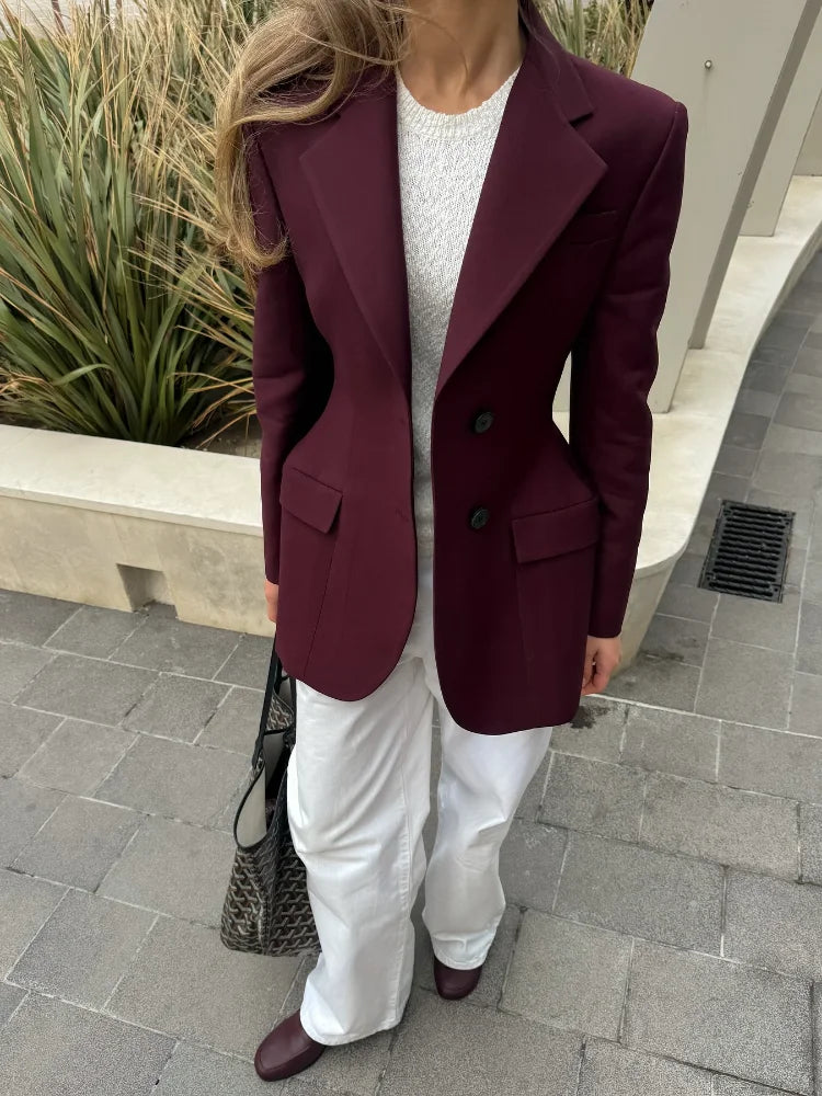 Women Burgundy Waist Cinching Blazer Coat Fashion Full Sleeve Lapel V-neck Button Slim Jacket 2026 Lady Spring Autumn Outwear