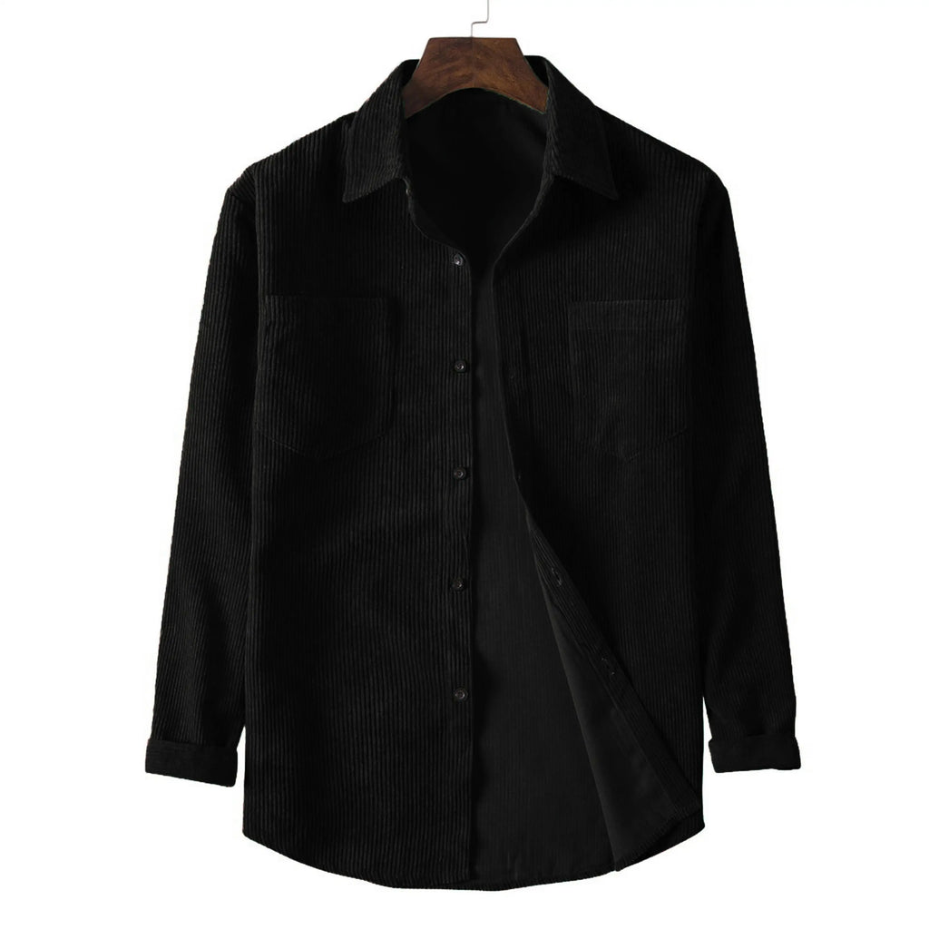 New spring and autumn men's corduroy long-sleeved double-pocket solid color casual men's top button lapel fashion