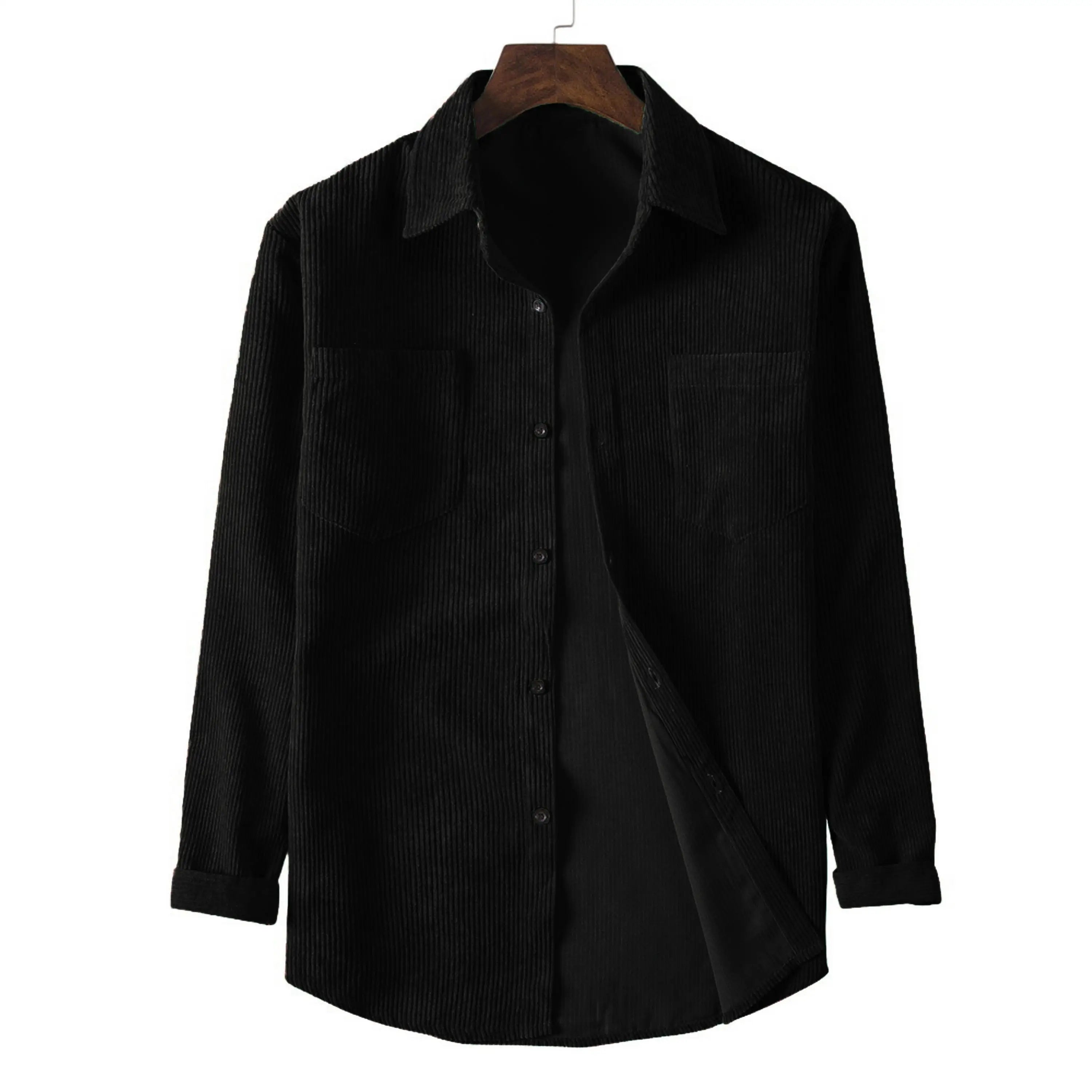 New spring and autumn men's corduroy long-sleeved double-pocket solid color casual men's top button lapel fashion
