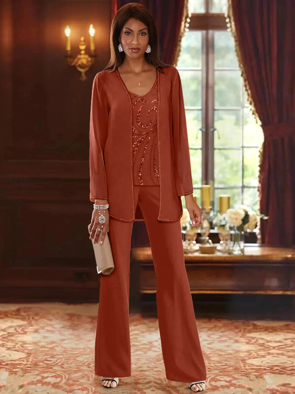 Pantsuit 3 Piece Mother of the Bride Dress Formal Wedding Guest V Neck Chiffon Lace Sleeveless with Beading Sequin 2024