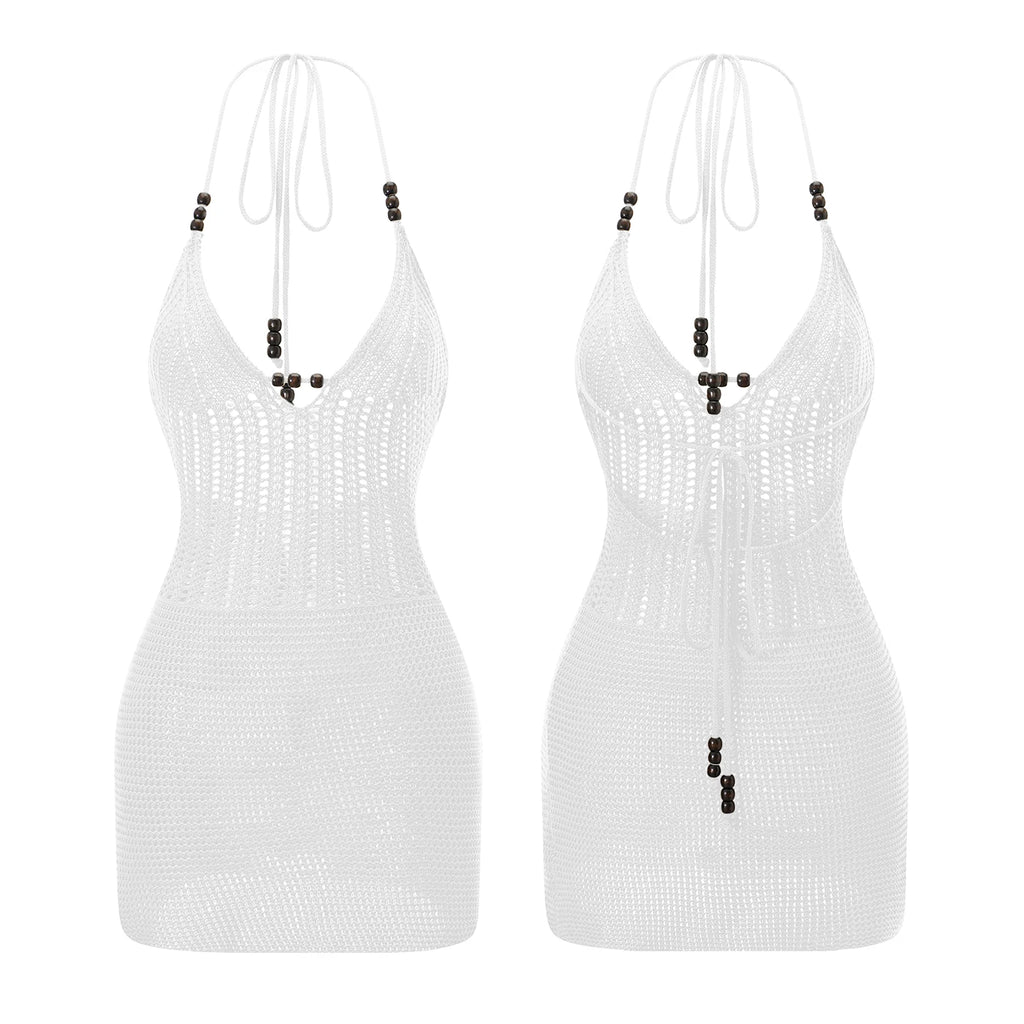 Women Backless Halter Mini Dress Casual Summer Knit Crochet Cutout Bodycon Party Dress for Beach Club Streetwear