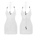 Women Backless Halter Mini Dress Casual Summer Knit Crochet Cutout Bodycon Party Dress for Beach Club Streetwear