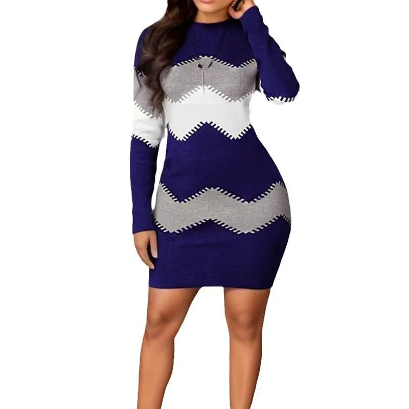 Round Neck Long Sleeve Print Knit Bodycon Midi Dress Women Casual Slim EU US Style Fall Winter Gown