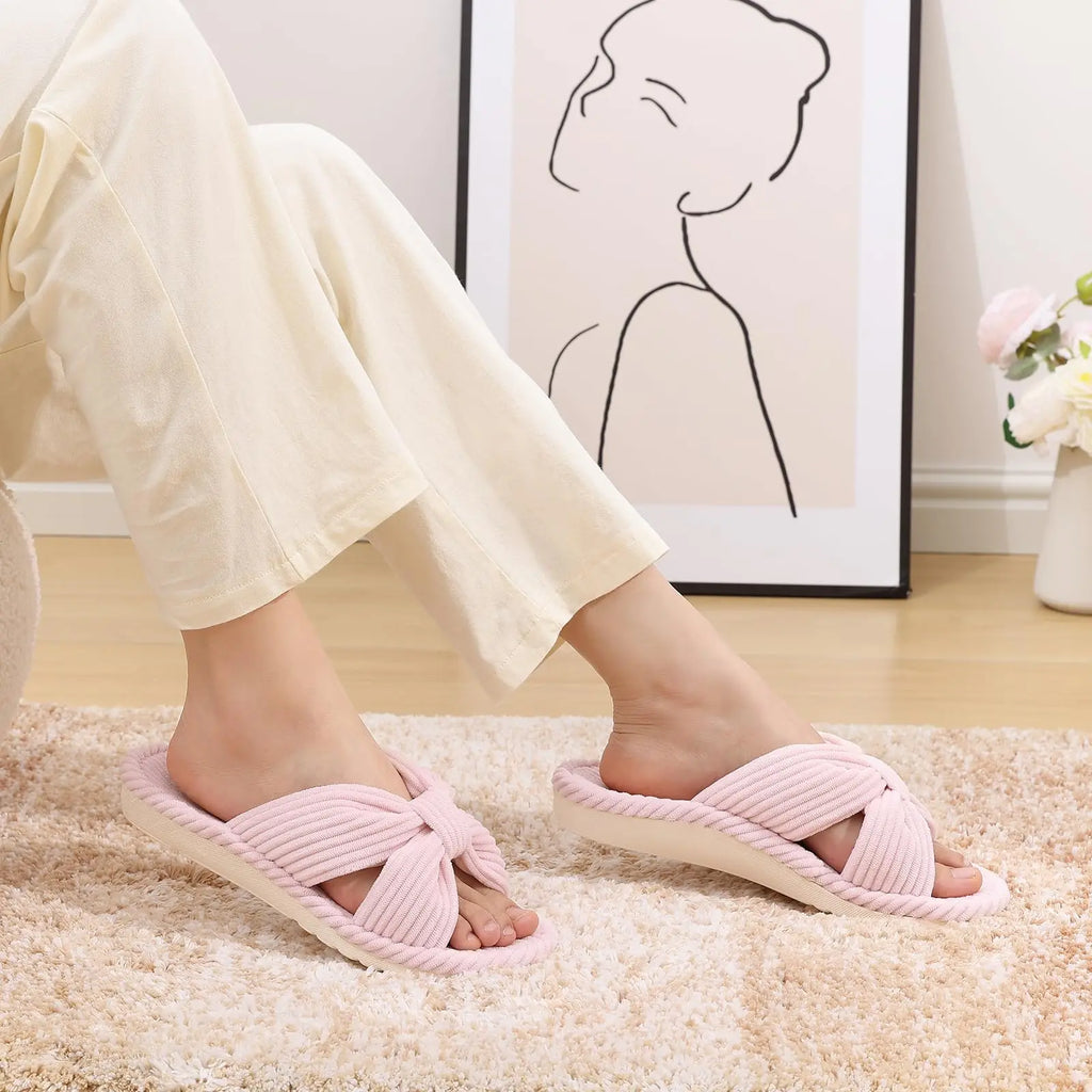 Comwarm Orthopedic House Slippers for Women Arch Support Cross Bow Indoor Slippers Corduroy Bedroom Shoes Open Toe Slip On