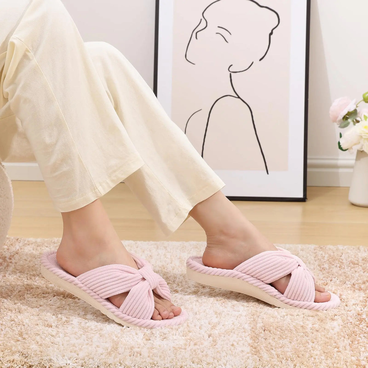 Comwarm Orthopedic House Slippers for Women Arch Support Cross Bow Indoor Slippers Corduroy Bedroom Shoes Open Toe Slip On