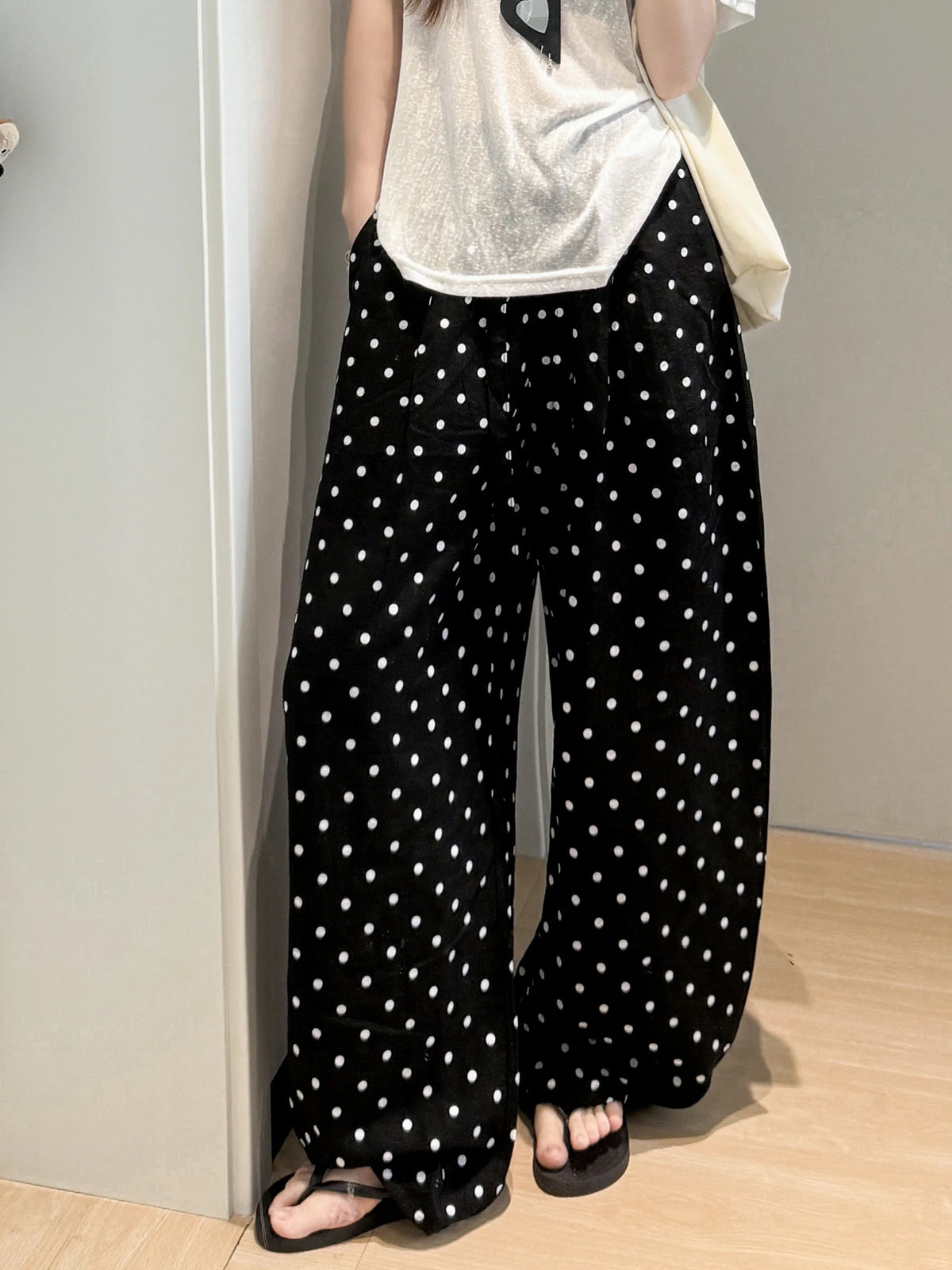 Linen Polka Dot Wide-Leg Pants for Women's Summer, Thin High-Waisted Loose and Laid-Back Style Yamamoto Pants, Casual Straight-L
