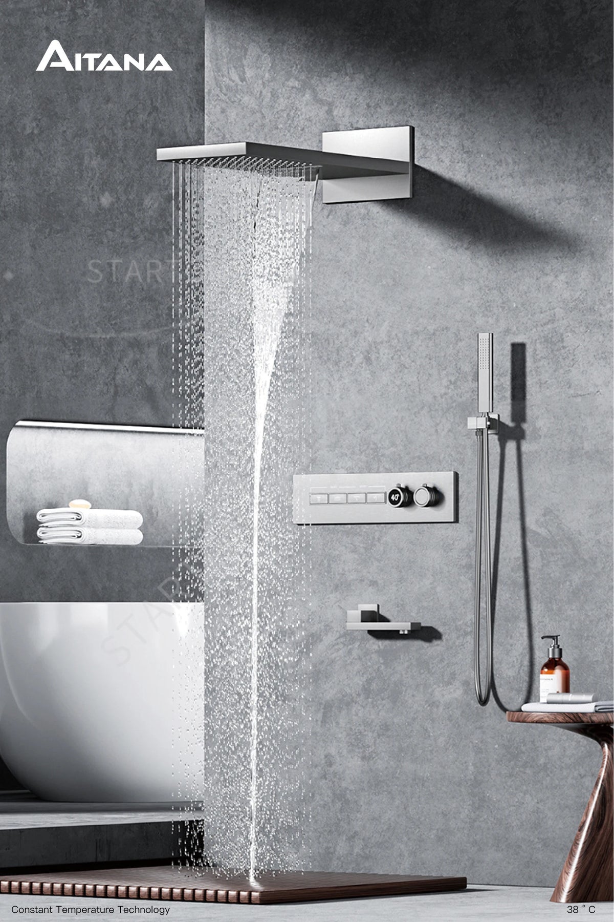 Luxury Black Brass Shower System, Wall Mounted Led Digital Display, Cold Hot Dual Control, Four Function Ceiling Shower Tap