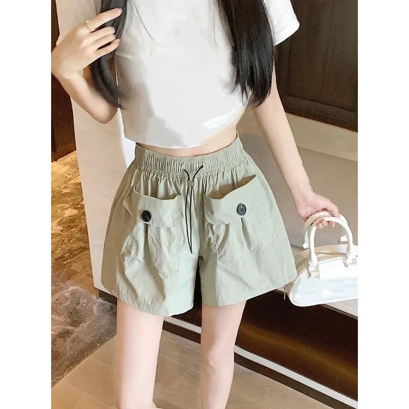 Women Summer Cargo Shorts Elastic Drawstring Waist Cool Shorts Oversized American Street Style Loose Wide Leg Casual Big Size