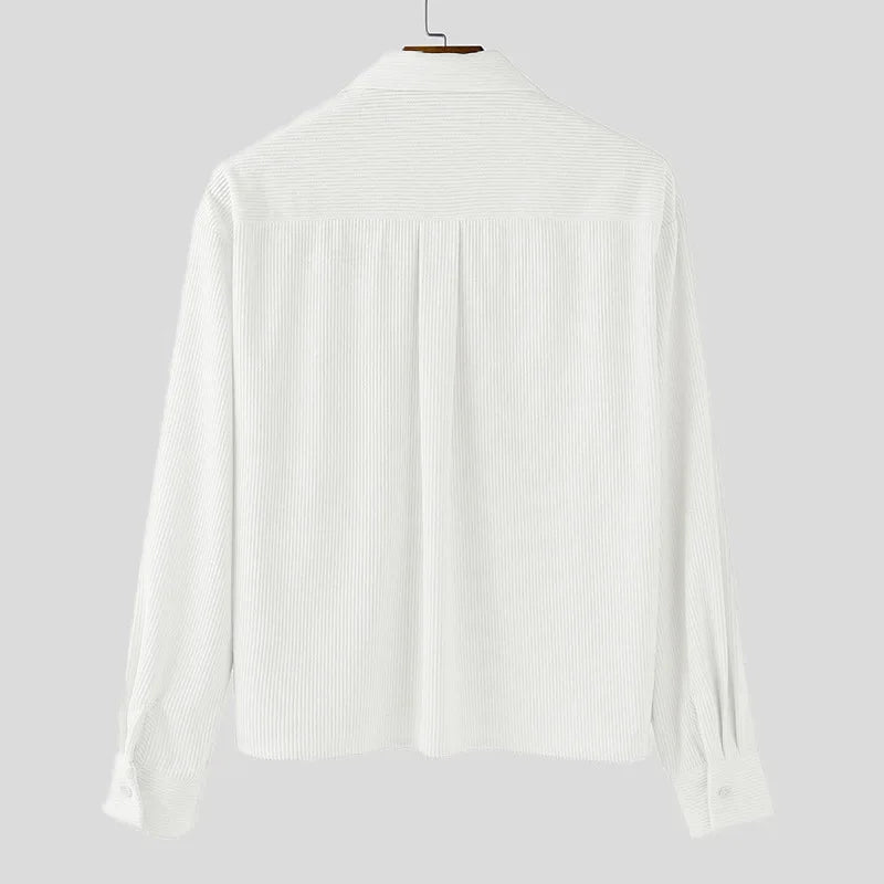 Autumn Men Corduroy Cropped Shirts Long Sleeve Solid Color Suit Collar Casual Blouse American Retro Premium Loose Cardigan Tops