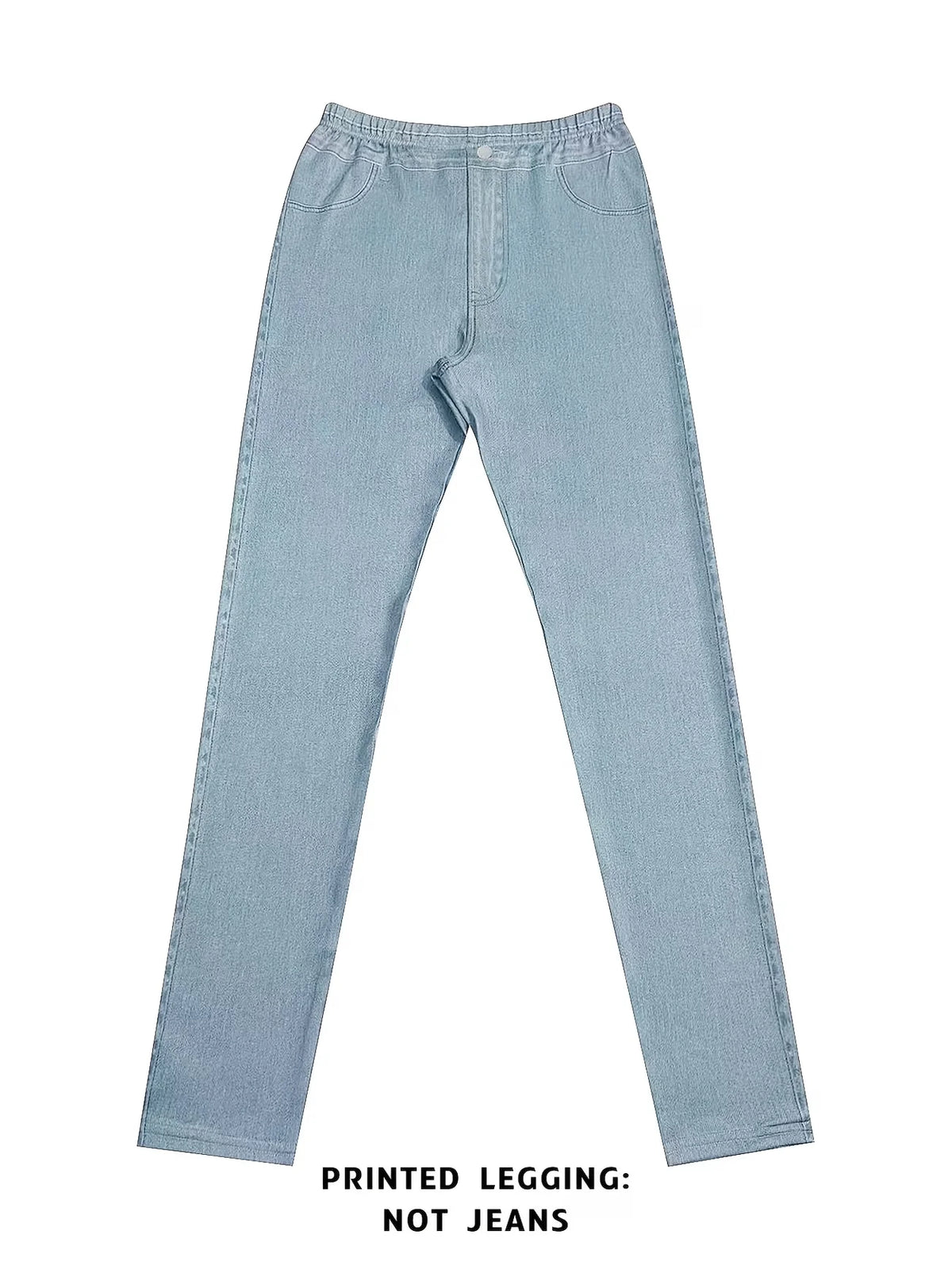 Printed Legging‑Not Denim Fabric All‑over Faux‑Denim Printed Long Pants with Faux Pocket and Button Print Details. New‑Arrival