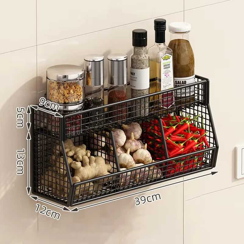 Kitchen Storage Rack with Three Compartments Screwless Wall-Mounted Multi-Functional Kitchen Storage Item for Household Use