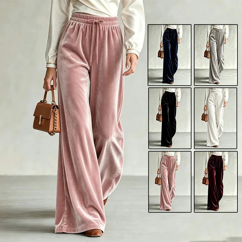 New Winter Women's Velvet Wide-leg Pants Drawstring High-waisted Pants Trousers