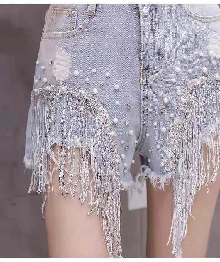 Women Luxurious Beading Tassel Sequins Denim Shorts 2026 Summer High-waist Loose-fitting Shorts Korean Style Ripped Denim Shorts