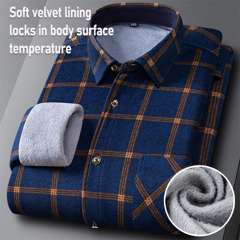 New In Tops Men's Thicken Flannel Fur Lined Shirts Autumn Winter Plus Sized Warm Long Sleeved Plaid Business Casual Slim Clothes