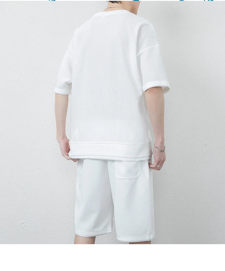 Summer Solid Waffle Tracksuits 2026 Men's Short Sleeve Shorts Casual Two Piece Sets Loose Breathable Men Clothes Joggers Outfits
