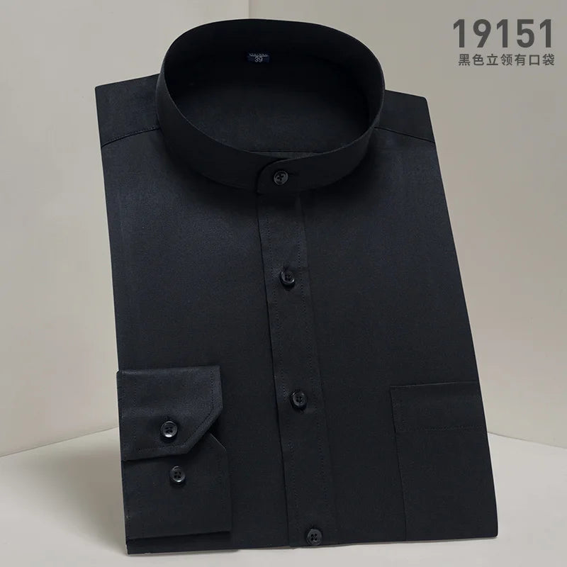 Men's Stand Up Collar Shirt Classic Round Neck Slim Fit Vertical Collar Long Sleeved White Shirt