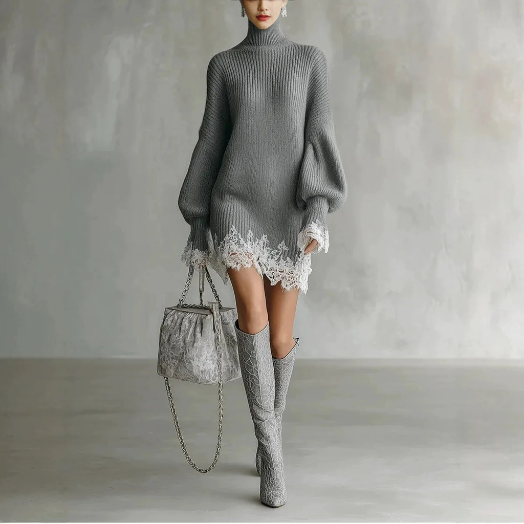 Wome Knitting Dress 2026 New Ladies Loose Fit Turtleneck Knitted Dress Autumn Lace Spliced Long Sleeve Sweater Midi Warm Dress