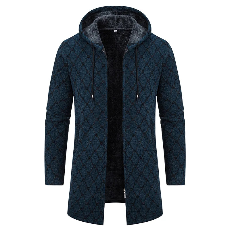 Mens Long Knit Cardigan Autumn Winter Sweater Coat Fleece Heavy Hooded Trench Coat Solid Chenille Men's Fashion Jacket